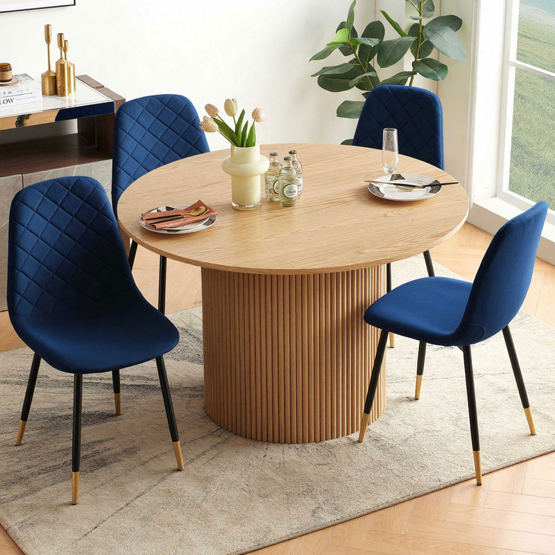 5-Piece Dining Table Set,  Wooden Kitchen Table With Upholstered Velvet Chairs, Natural Oak, Blue