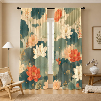 2 rideaux à motif lotus, tissu filtrant la lumière, imprimé floral artistique, protection de la vie privée et parasol, style passe-tringle, convient au salon, à la chambre à coucher, au balcon, à la cuisine