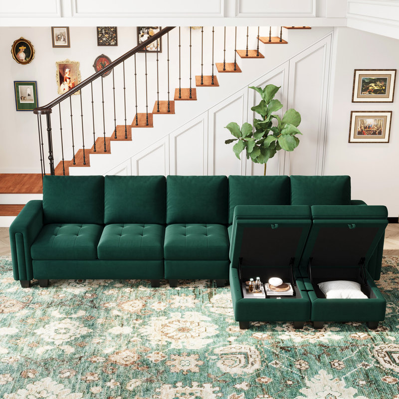 Canapé modulaire rembourré en velours de L avec coussins de rangement en forme de L 6 pièces Shavera, Velours vert