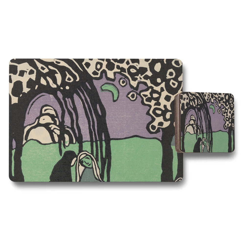 Abstract Art Placemat And Coaster Set In Purple Green Landscape