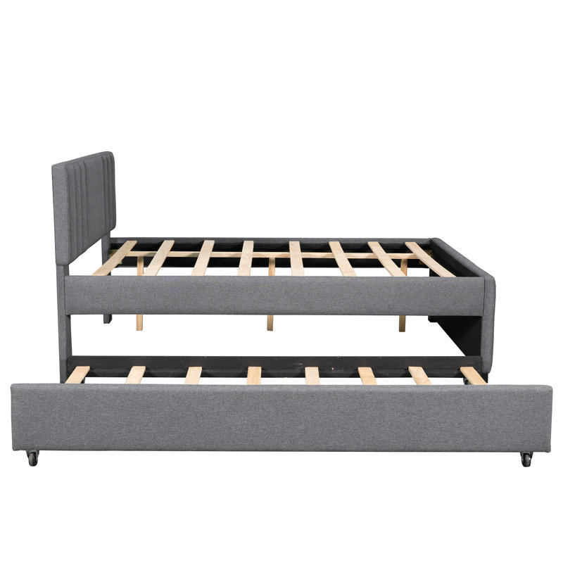 Lit plateforme double tapissier avec gigogne gris