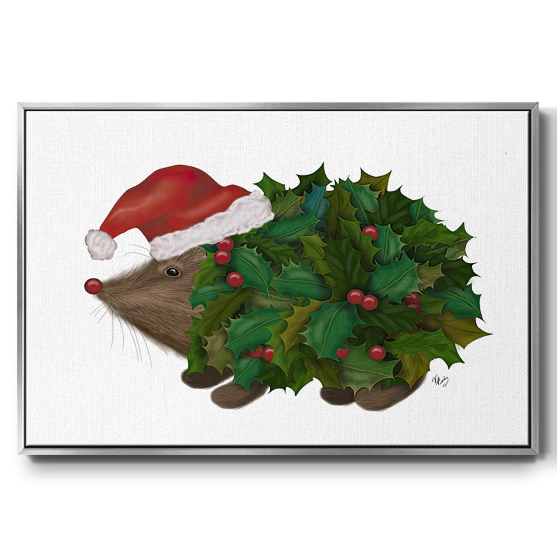Hérisson de Noël encadré sur toile, H 17 po x l 25 po x P 1,5 po, Encadrement argenté