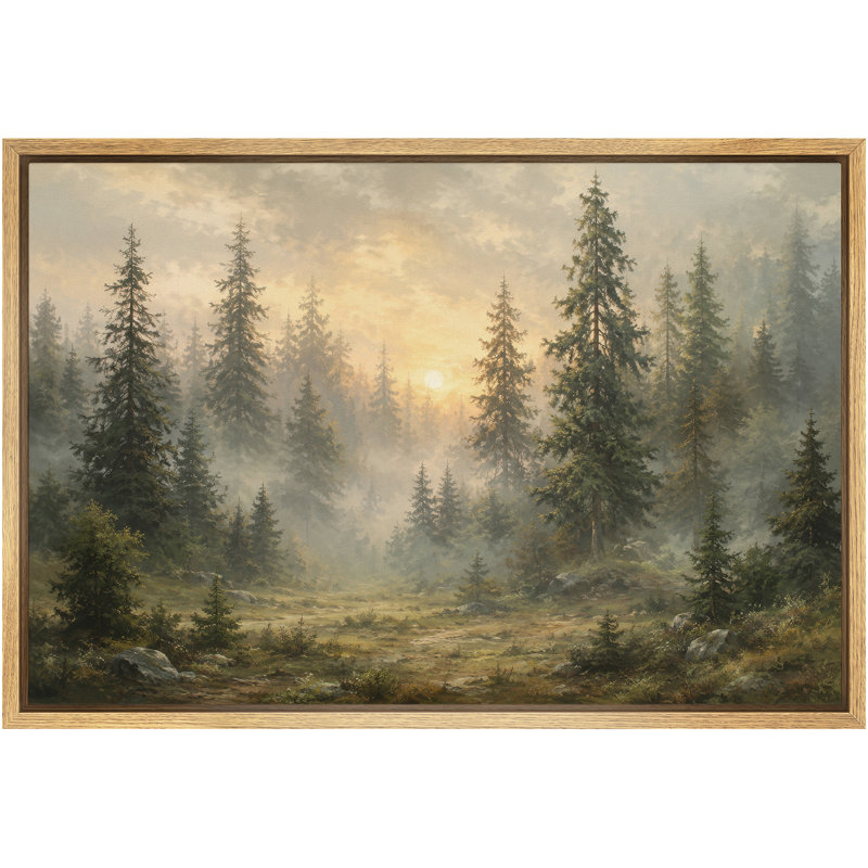 «Misty Evergreen Forest Sunrise», art de salon rustique, impression sur toile encadrée, H 24 po x l 36 po x P 1,5 po