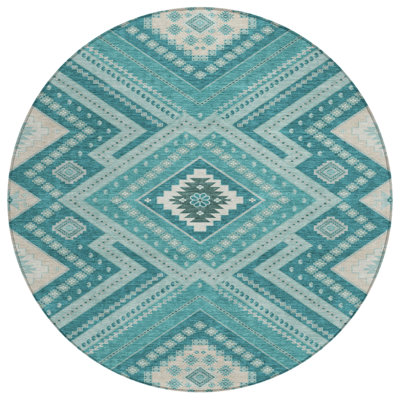 HomeRoots 8' Teal Blue Round Tribal Washable Indoor Outdoor Area Rug