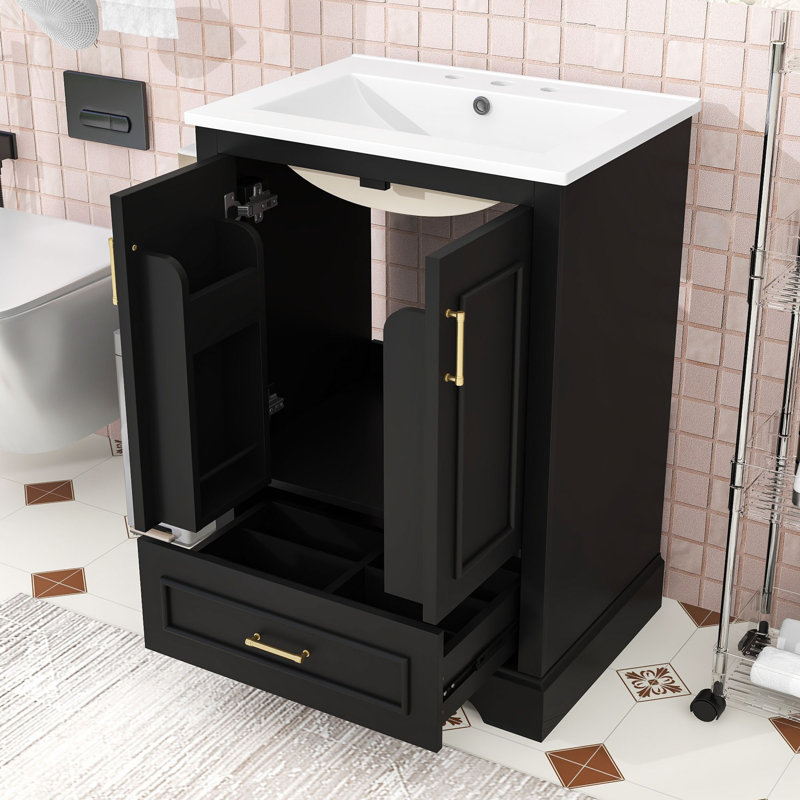 Meuble-lavabo compact avec lavabo en céramique, tiroir et armoire de rangement, Noir
