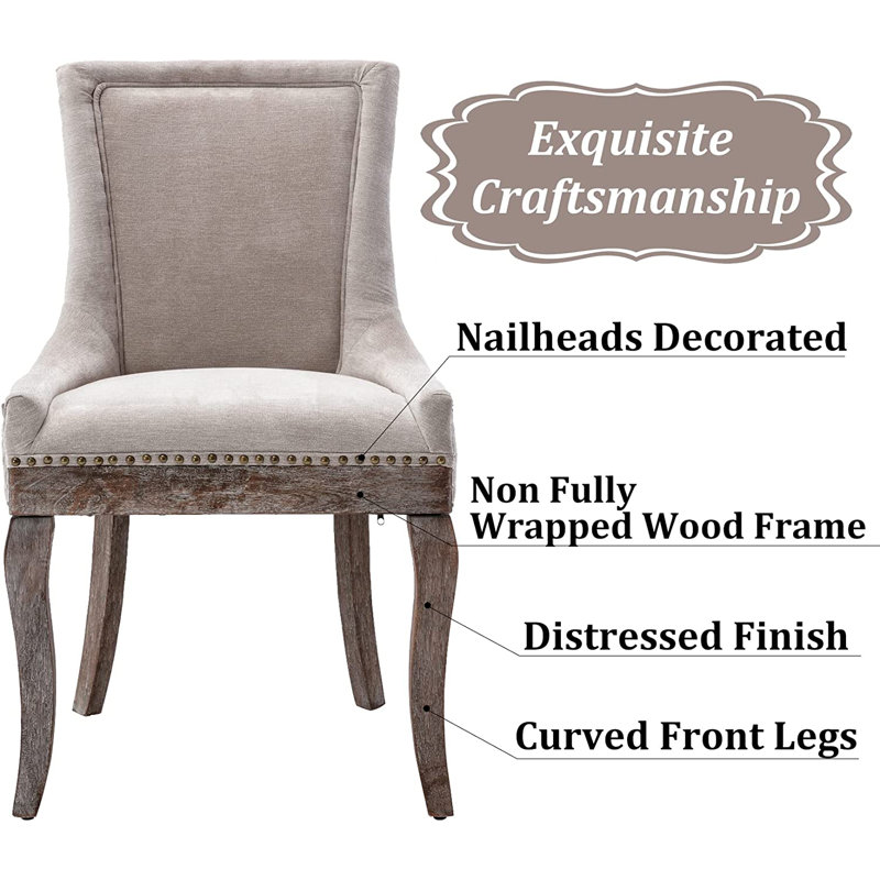 Beige Linen Upholstered Side Chair with Wooden Legs, Set of 2