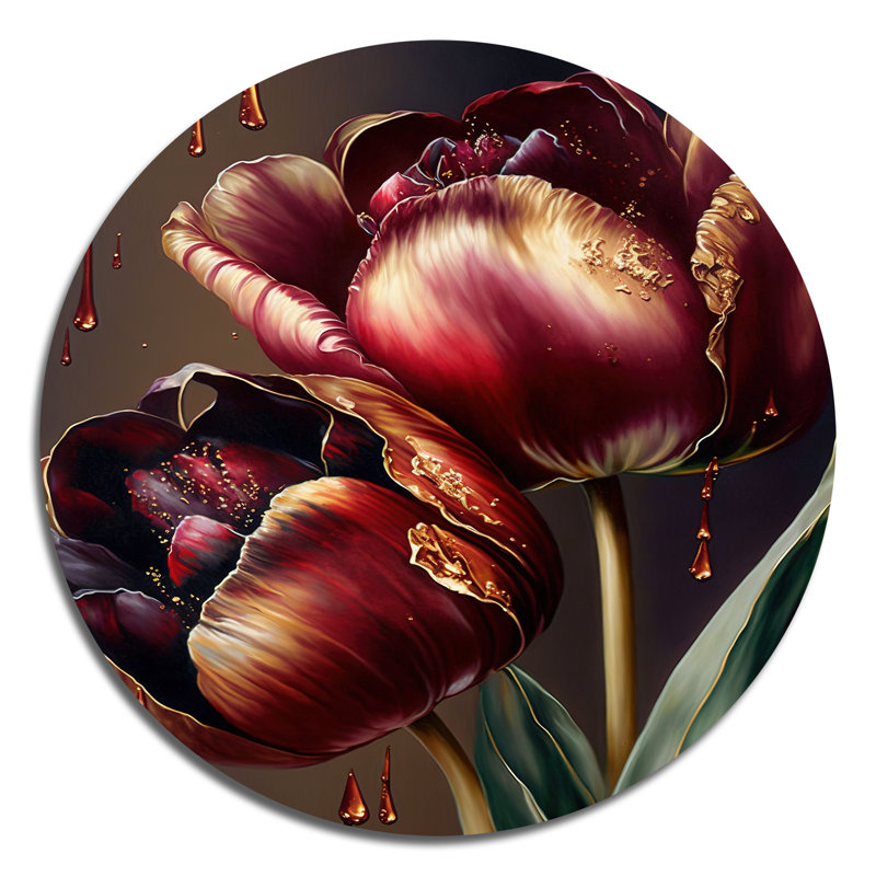 Tulipe rouge et or II - art floral rond en métal, H 16 po x l 16 po