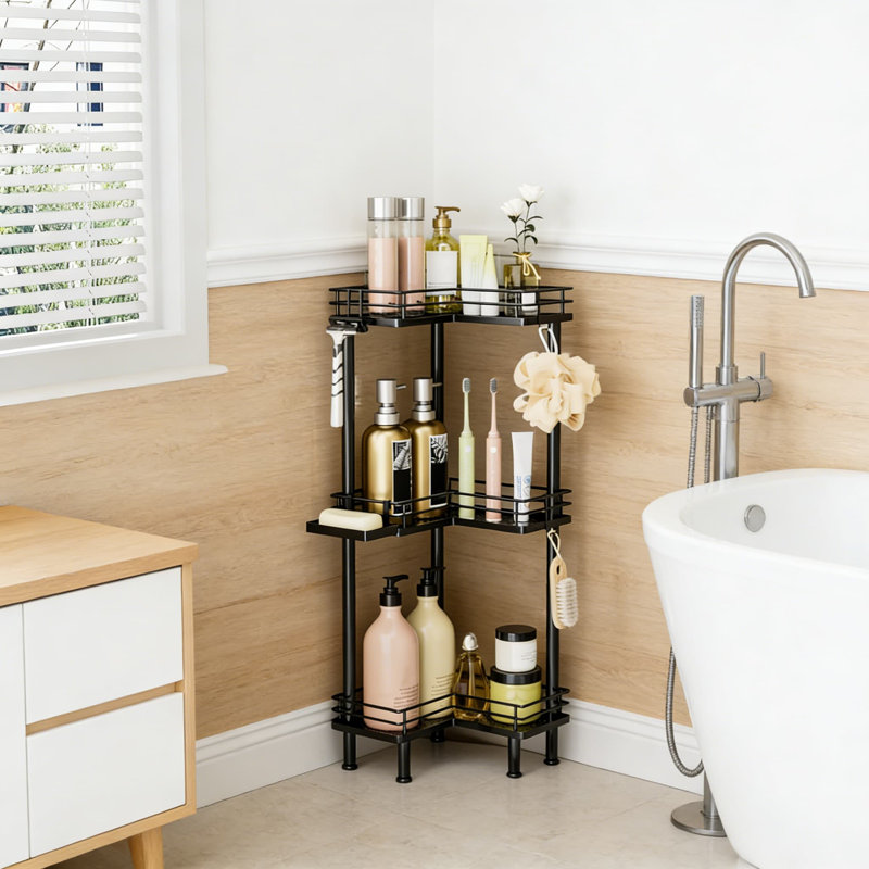 Serviteur de douche en coin à 3 niveaux en acier inoxydable avec porte-savon et 4 crochets, Noir, 3