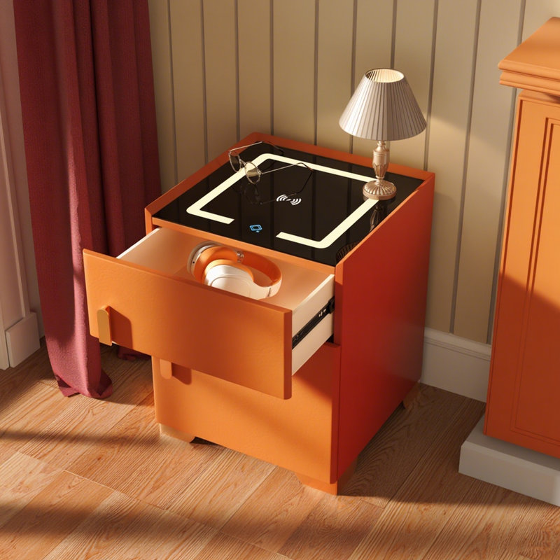 Kendrianna Nightstand with Safe Box and LED Lights and Wireless Charge, Orange
