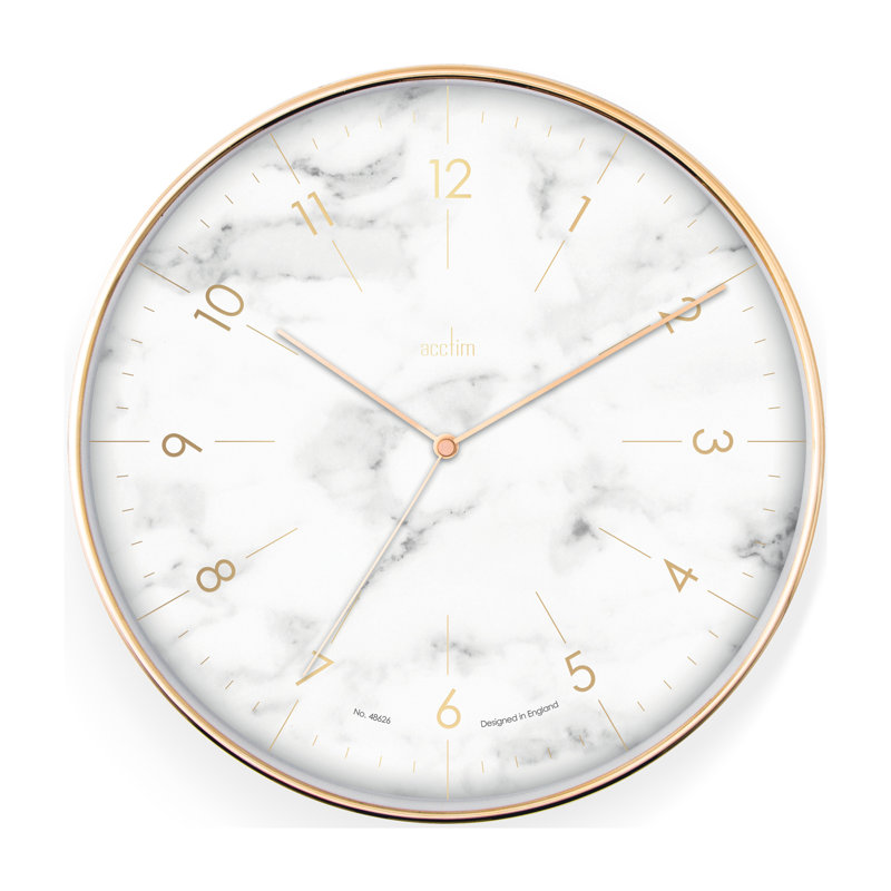 Acctim Wall Clock Non-Ticking Sweep Marble Style Face Brass Effect Case Foil Embossed Numbers 30cm, Golden