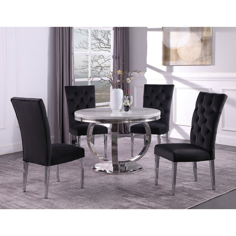 Koio 5 Pieces Round Faux Marble Dining Set , Silver, 30"H x 43.5"L x 43.5"W, Black