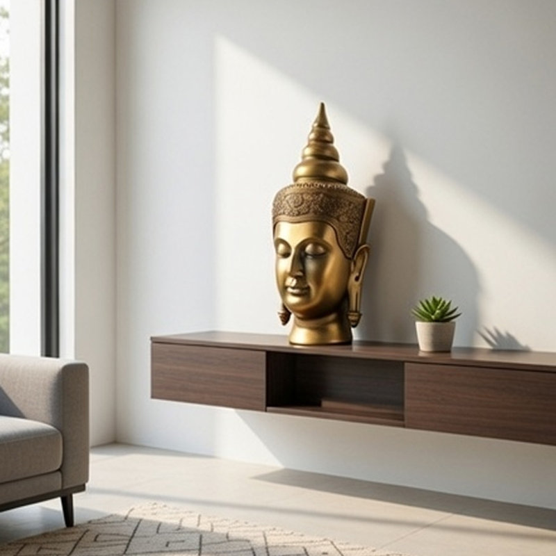 Sculpture de tête de bouddha Pilu, décor de table méditatif, bronze 14 pouces, H 14,2 po x l 7,5 po x P 6,3 po