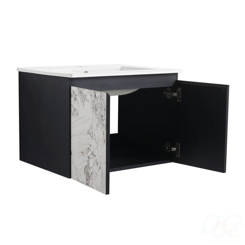 Meuble-lavabo mural 24 po avec lavabo en céramique et porte d'armoire à fermeture en douceur, ensemble KD