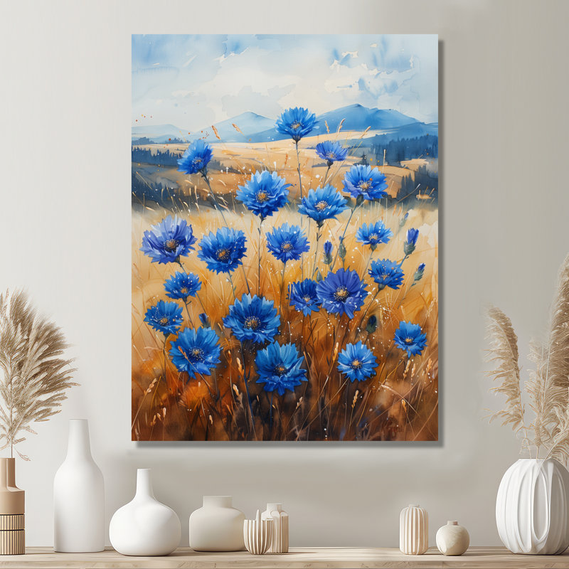  «Blue Beige Cornflowers Summer Breeze Meadow I - Décoration murale bleuets, H 32 po x l 16 po x P 1 po, Toile tendue