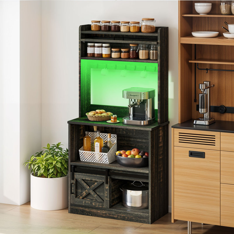  Farmhouse Bakers Rack With Power Outlet & LED Lights, Black/Brown