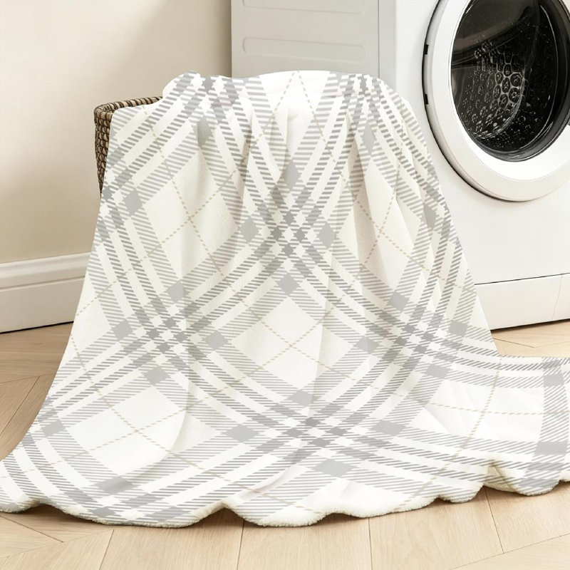 Jeté en flanelle blanche ultra douce, imprimé tartan sur une face, Jeté 50 po x 60 po