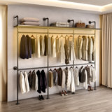 Adjustable 118" Heavy-Duty Metal Pipe Garment Rack with LED Light - Wall-Mounted Clothing Rail System for Warehouse/Commercial Use