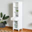 Armoire de rangement autoportante en lin avec porte en verre, tiroir, tablettes ouvertes et tablettes réglables, blanc