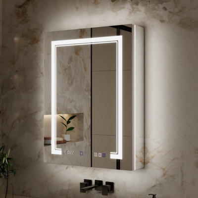  24'' W 32'' H LED Recessed or Surface Frameless Medicine Cabinet with Mirror and USB, Outlet, Magnifying Mirror, Defogger, Adjustable Shelves