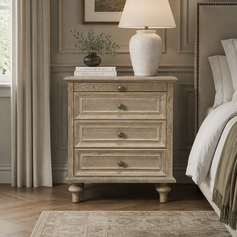 Tables de chevet de style champêtre en bois avec tiroir de rangement, Natural White, 1
