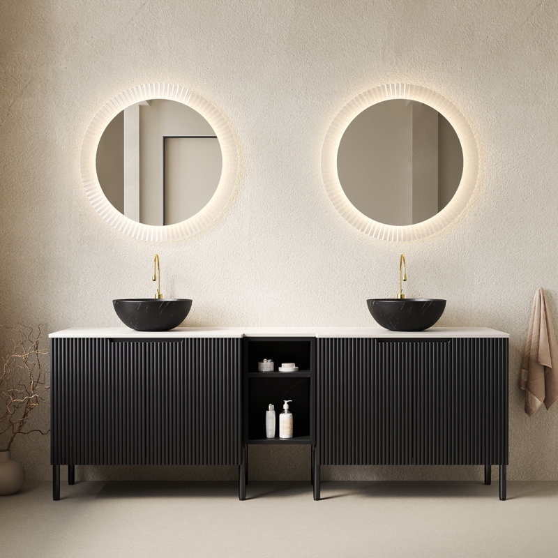 Meuble-lavabo double autoportant 72 po avec lavabos TURIO, 2 armoires de rangement rayées 30 po + tablette ouverte amovible 12 po, 2 cuves vasques noires en pierre avec comptoir Carrara blanc