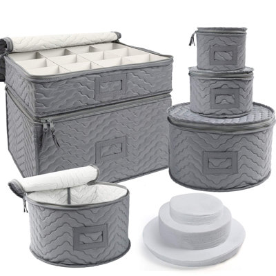 Storage Containers - Quilted 6-Piece Set Storage Box- Stores Chinaware, Stemware, Dinnerware,Grey