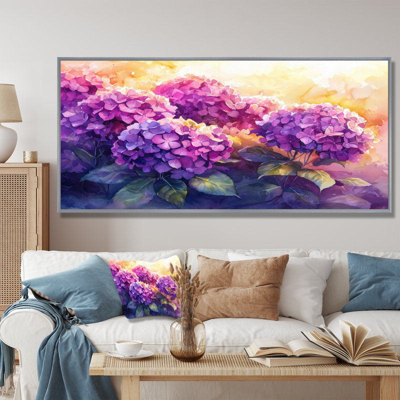 Hortensias au coucher du soleil, lueur V - hydrangées, art mural, 28" H x 60" W, Impression sur cadre flottant, Argent argent