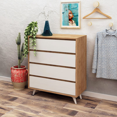 Modern Scandinavian Dresser with 4 Drawers & Shelves, Oak & White, 27.6 x 33.9 x 15.8 inches | 100% Melamine Coated Particle Board, Thickness: 0.7 inches | Wall-Mountable, Stylish Storage Solution for Any Room