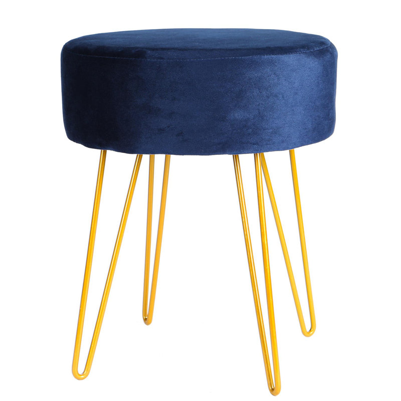 Harbour Housewares - Round Velvet Footstool - Gold Hairpin Legs, Blue, Blue