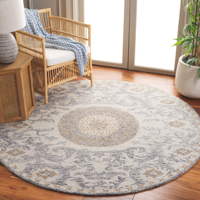 Tapis floral beige en laine / coton touffeté à la main Floral, Carré de 6 pi