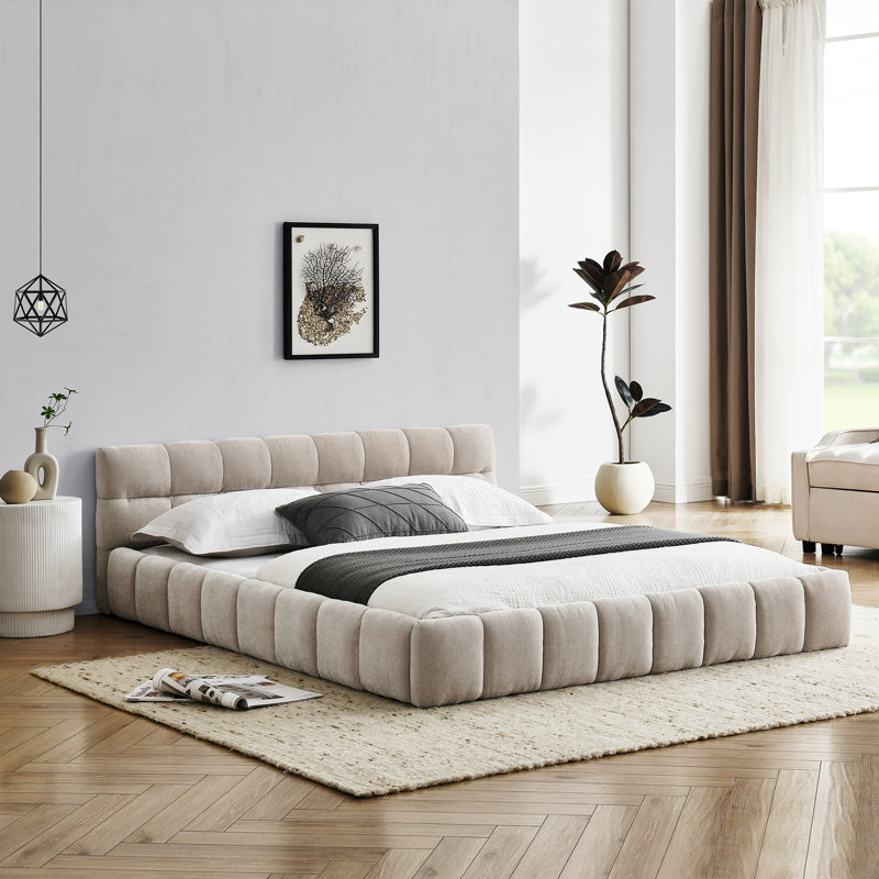 Structure de lit plateforme tapissier avec tête de lit, structure solide et tissu chenille épais, idéal pour une chambre à coucher confortable et élégante