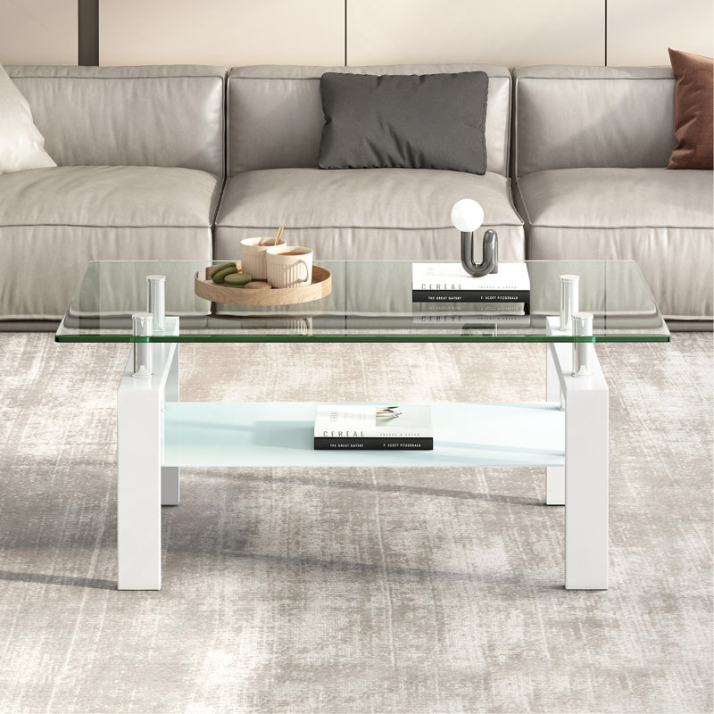 2-Layers Tempered Clear Glass Coffee Table, Clear, White