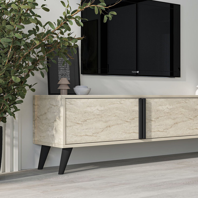 Carita Modern TV Stand, Travertine Color, 63.0 x 13.8 x 13.0 inches | 100% Melamine Coated Particle Board, Thickness: 0.7 inches | Stylish Marble Finish, Ideal for Living Room & Entertainment Spaces, Durable & Elegant Design