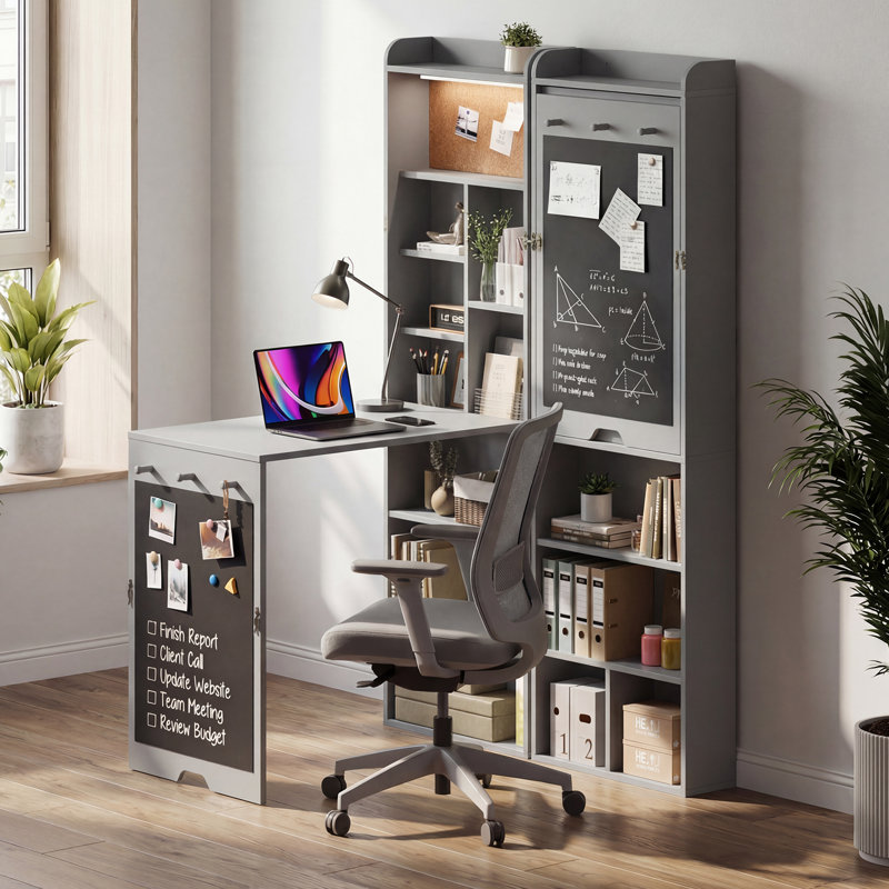 Bureau mural pliant mural avec rangement, tableau noir, panneau de liège et lumière - Bureau multifonctionnel pour économiser de l'espace
