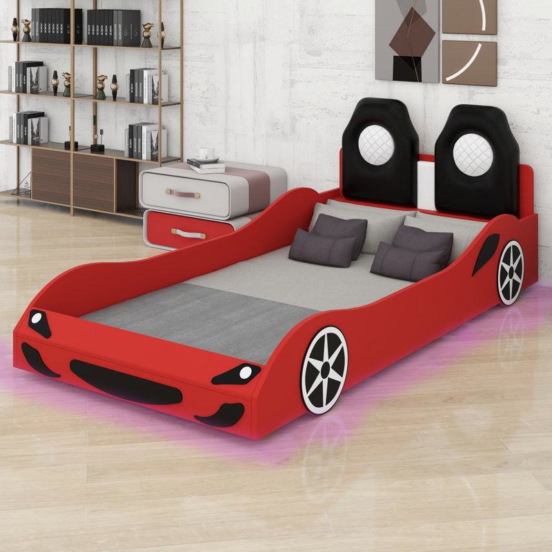 Platform Bed with Comfortable Upholstered Backrest, Red