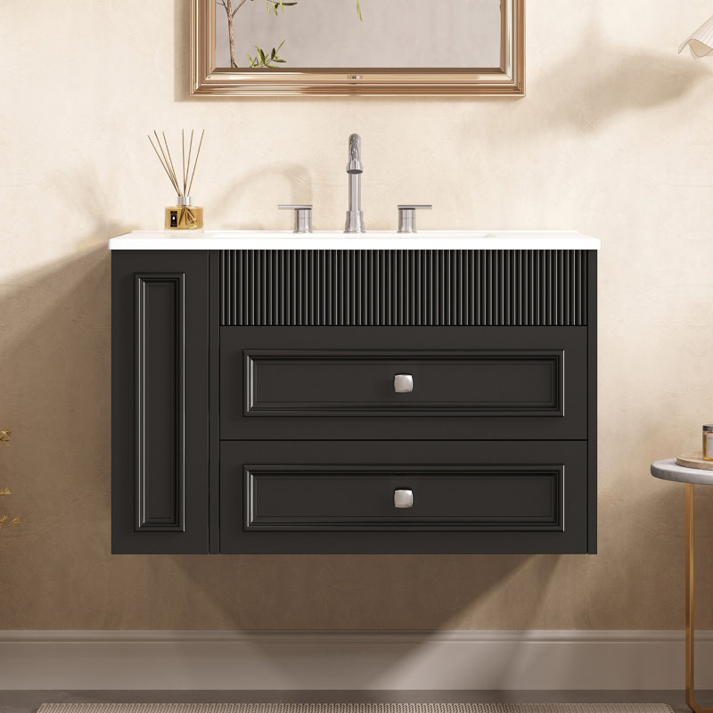 Meuble-lavabo mural 30 po, 2 tiroirs, lavabo simple en céramique 3 trous, armoire moderne, Noir