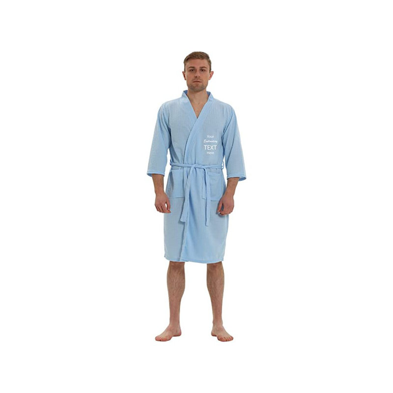 Peignoir en microfibre gaufré unisexe au-dessus du genou avec poches, Bleu clair, L, Oui