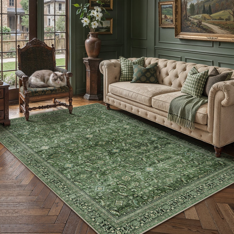 Tapis verts Goudeau pour le salon avec envers antidérapant, 0.28", Rectangle 6 pi x 9 pi