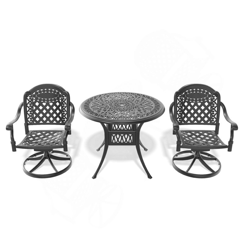 Ensemble de salle à manger 3 pièces en aluminium coulé toutes saisons comprenant 2 chaises pivotantes et une table ronde avec cadre noir