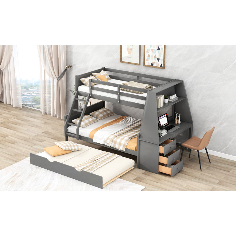 Lit superposé simple au-dessus de double gris avec lit gigogne, bureau, 3 sections de rangement - Vivacité, Gris