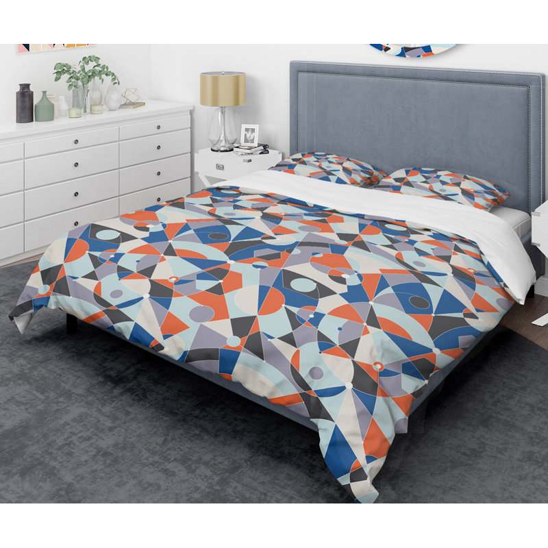 Ensemble de housse de couette Mid-Century Retro Grid IV, Housse de couette simple et 2 taies décoratives, Orange/bleu