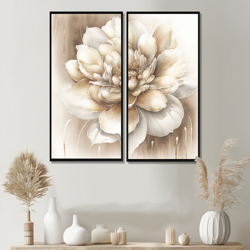 Fleur beige simple II - art mural traditionnel 2 pièces, H 40 po x l 40 po, Impression encadrée flottante