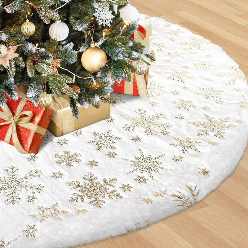 Jupe de sapin de Noël à motif de flocons de neige blancs, tapis de sapin doux et moelleux avec dos antidérapant, décoration élégante pour les fêtes