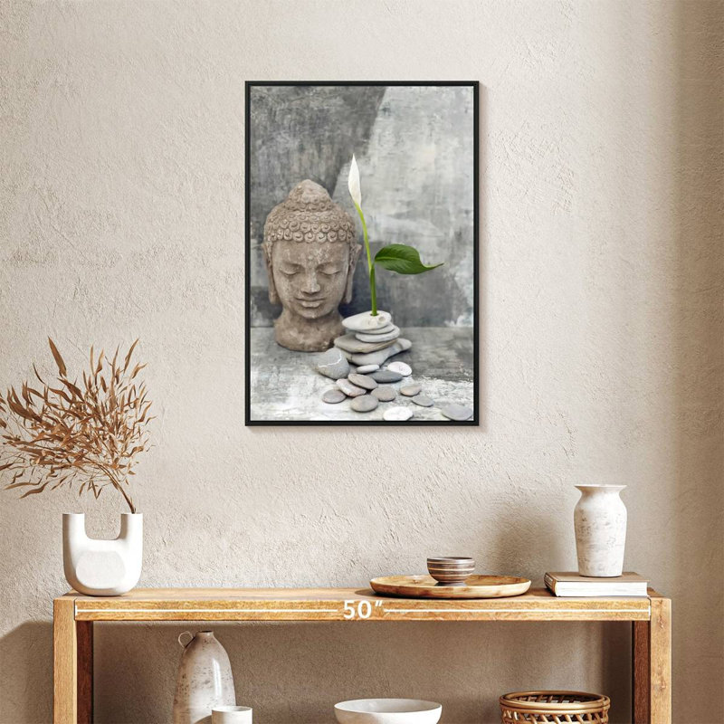 Tête de bouddha zen, Cadre flottant noir, 21 po x 31 po