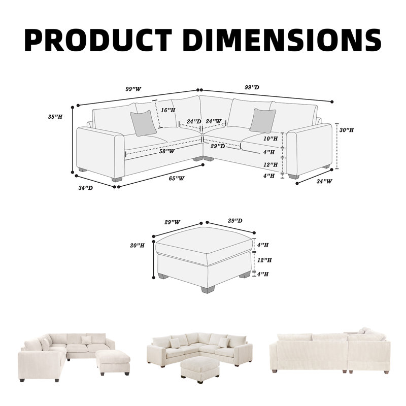 L-Shaped 4-Piece Modular Sectional With Cocktail Ottoman & Corduroy Upholstery, Ivory