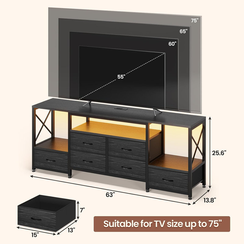 Console 63 po avec 6 tiroirs en tissu et tablettes ouvertes  , Gris foncé / Noir