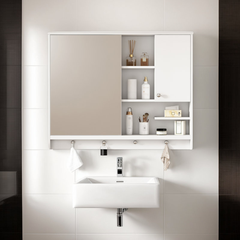Armoire de rangement murale pour salle de bain avec porte miroir et tablette ajustable, Blanc