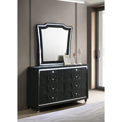 Ensemble de commode 8 tiroirs en velours noir avec miroir à trois panneaux DEL, plateau en verre trempé, boutons en cristal, tiroirs doublés de feutre, commode de chambre glam et miroir