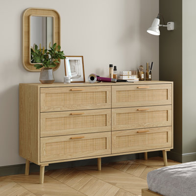 Seeneytown Rattan 6-Drawer Dresser for Bedroom,47.3“ Boho Chic Storage with Scratch-Resistant Top