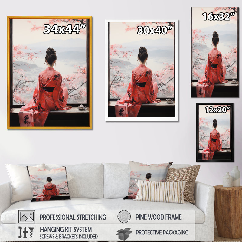 Arbre rose, femme japonaise vue de fenêtre II - Japon, art mural, Cadre flottant noir, H 20 po x l 12 po x P 1 po